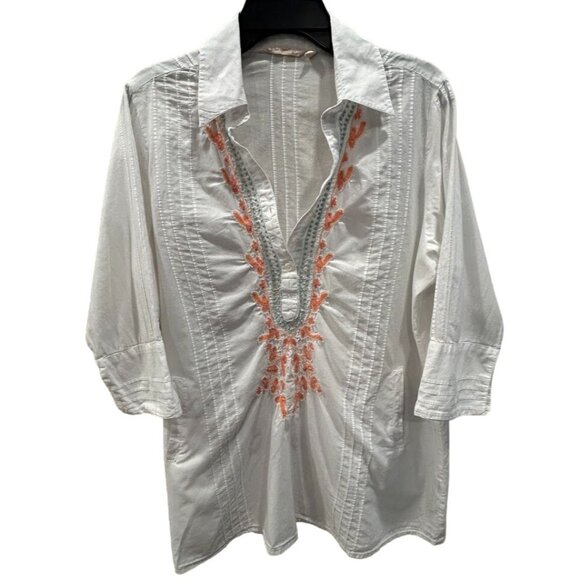 Soft Surroundings Womens Embroidered Tunic‎ Blouse PL Cotton White & Orange - Picture 1 of 6